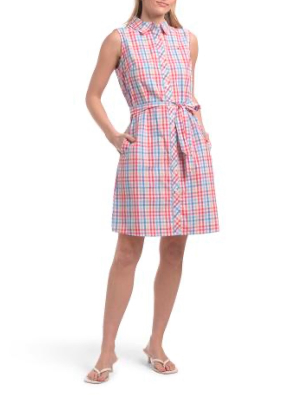 Tommy Hilfiger Pink, Blue and White Plaid Sleeveless Tie-Waist Dress